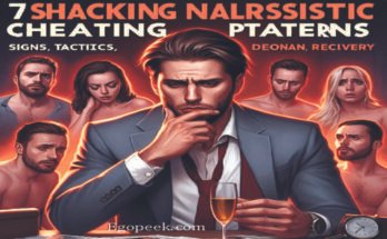 Featured image for a blog post on '7 Shocking Male Narcissistic Cheating Patterns in 2024,' showing a shattered heart symbolizing broken trust, surrounded by icons of manipulation, gaslighting, and deceit, against a dark, moody background.